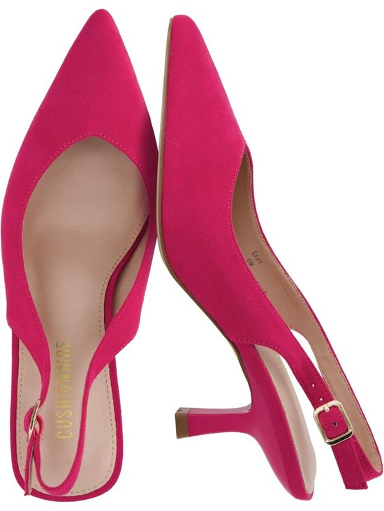 Shoes - Women's Fuchsia Faux Suede Pointed Toe Pumps Ankle Strap Slingback Kitten Heels